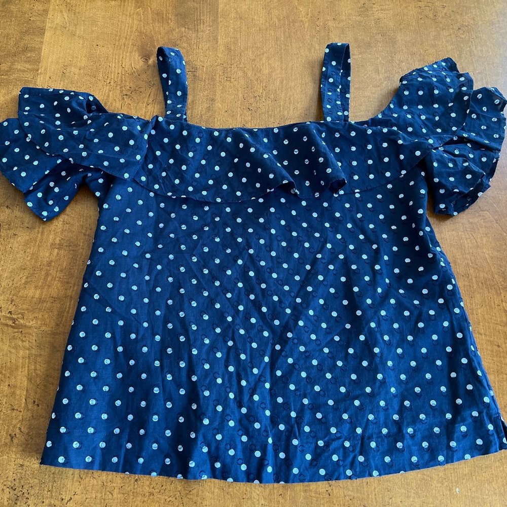 J. Crew Polka Dot Off The Shoulder Blouse 6 small top tank navy white medium